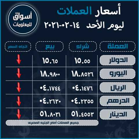 أسعار العملات (الدولار-اليورو-الريال السعودى-الدرهم الاماراتي-الدينار الكويتي) أمام الجنيه المصري ليوم الأحد 14 فبراير 2021..