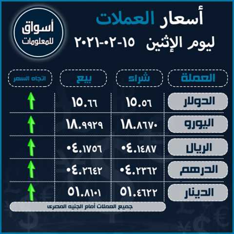 أسعار العملات (الدولار-اليورو-الريال السعودى-الدرهم الاماراتي-الدينار الكويتي) أمام الجنيه المصري ليوم الإثنين 15 فبراير 2021..