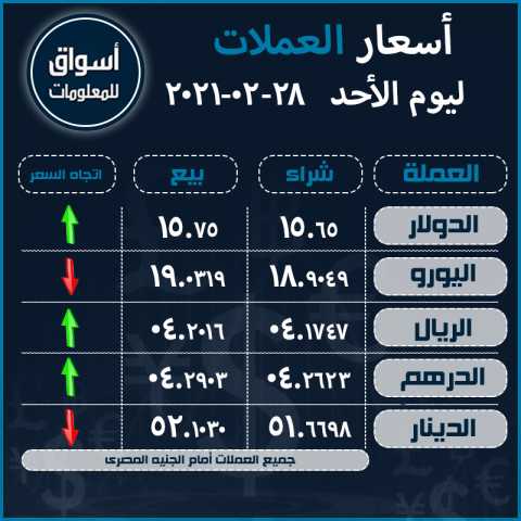 أسعار العملات (الدولار-اليورو-الريال السعودى-الدرهم الاماراتي-الدينار الكويتي) أمام الجنيه المصري ليوم الأحد 28 فبراير 2021..