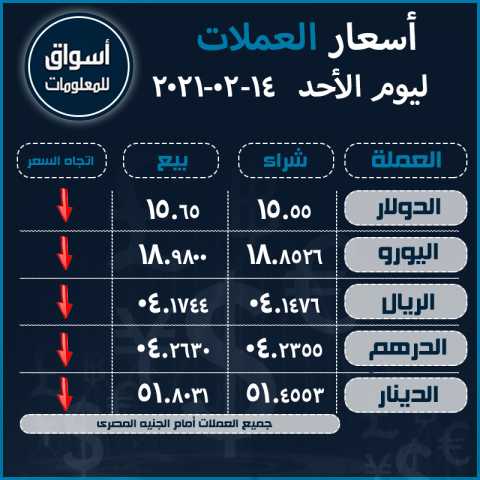 أسعار العملات (الدولار-اليورو-الريال السعودى-الدرهم الاماراتي-الدينار الكويتي) أمام الجنيه المصري ليوم الأحد 14 فبراير 2021..