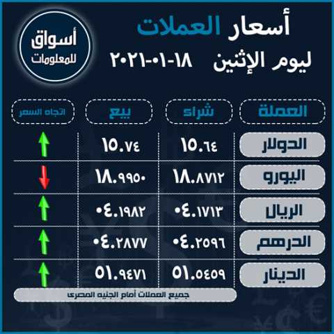 أسعار العملات (الدولار-اليورو-الدرهم الاماراتي-الريال السعودى-الدينار الكويتي) أمام الجنيه المصري ليوم الإثنين 18 يناير 2021..