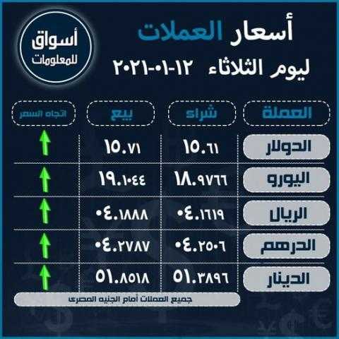 أسعار العملات (الدولار-اليورو-الدرهم الاماراتي-الريال السعودى-الدينار الكويتي) أمام الجنيه المصري ليوم الثلاثاء 12 يناير 2021..