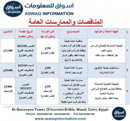 أسواق للمعلومات تنشر المناقصات والممارسات العامة ليوم الأحد 21 مارس 2021..